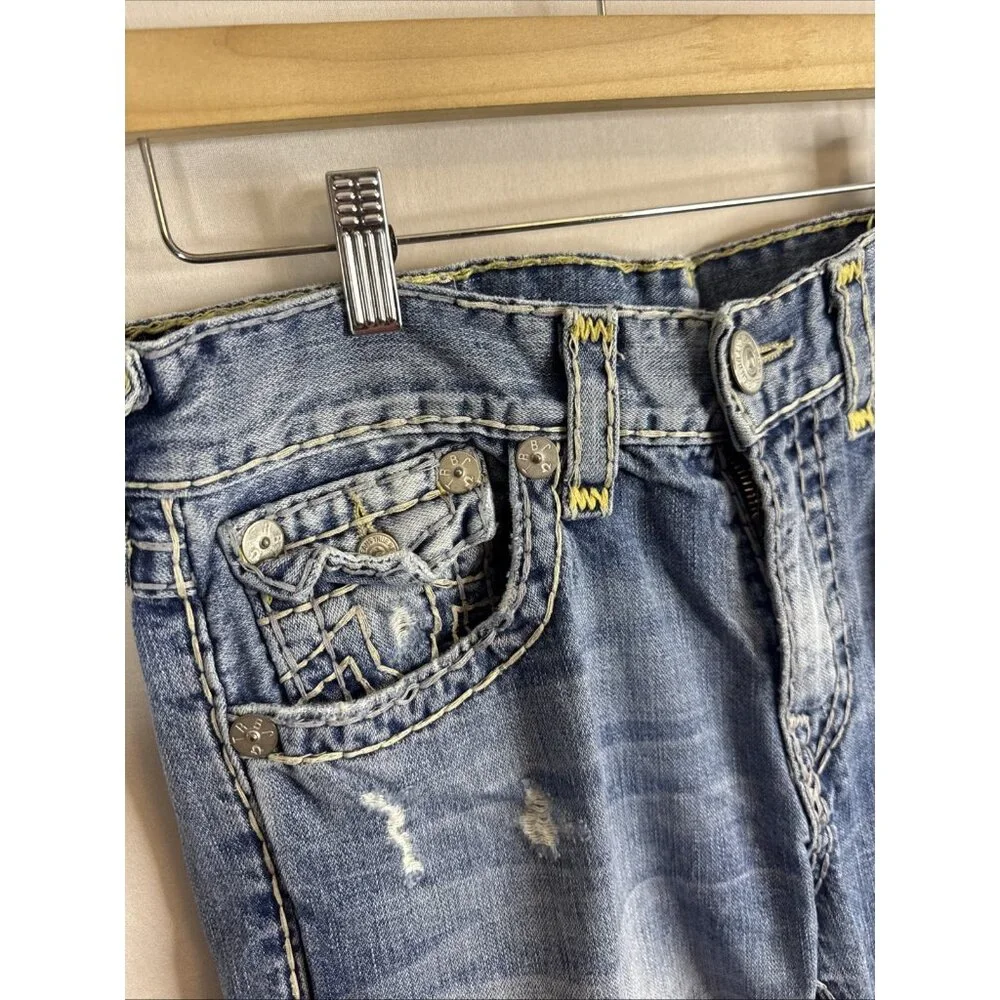 True Religion Ricky Jeans 33x31 Distressed Blue Denim Flap USA‎ Yellow Stitch